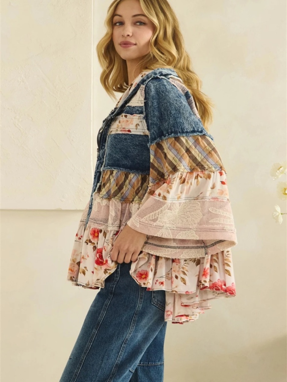 Oli & Hali Floral Plaid Print Mineral Wash Denim Loose Fit Hoodie jacket Shacket - Picture 4 of 7